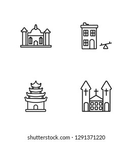 Linear Gurdwara, Pagoda, School, Chuch Vector Illustration Of 4 outline Icons. Editable Pack Of Gurdwara, Pagoda, School, Chuch