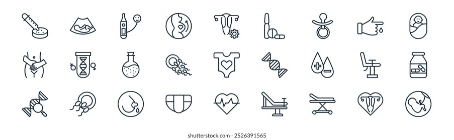 linear gynecology icon pack. vector thin line uterus, womb, pregnancy test, bleeding, sperms, medicine jar, cardiogram, womb icons suitable for apps and websites ui designs