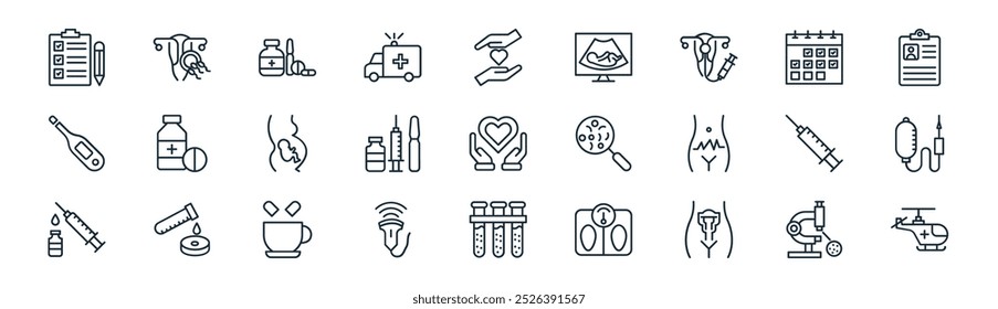 linear gynecology icon pack. vector thin line microscope, pregnancy, medication, calendar, vaccination, iv drip, test tubes, air ambulance icons suitable for apps and websites ui designs