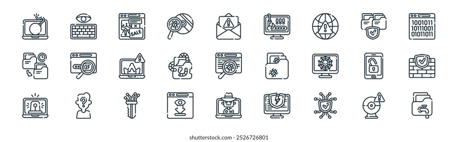 linear hacker icon pack. vetor de linha fina webcam, keylogger, adware, proteger, worm, firewall, spyware bot, ícones de vazamento de dados adequados para aplicativos e sites projetos de iu