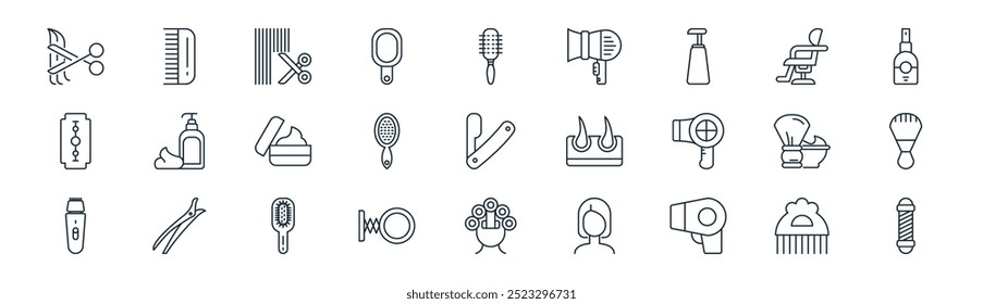 linear hair and barbershop icon pack. vector thin line comb, comb, hair cut, hair salon, brush, shaving, perming, barber icons suitable for apps and websites ui designs