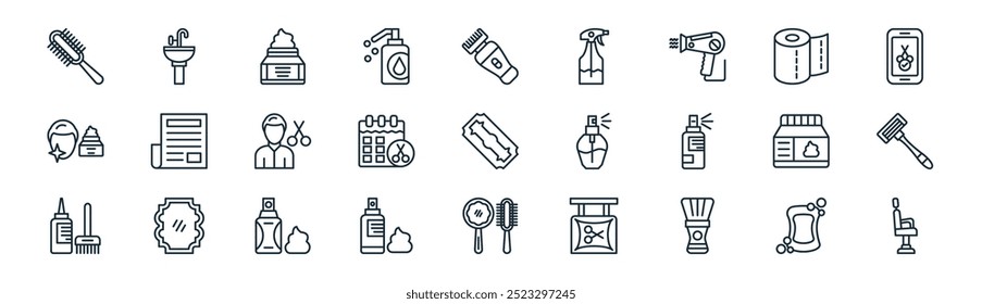 linear hair salon icon pack. vector thin line soap, hair wash sink, cream, tissue roll, appointment, razor, hair tools, barber chair icons suitable for apps and websites ui designs