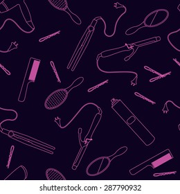 Linear hair styling tools seamless pattern. Hairbrush, comb, hairdryer, hair curler, hair straightener, hairspray, mirror, hairpins