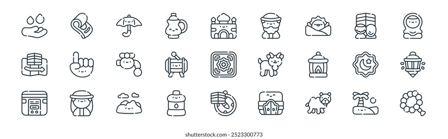 linear hajj icon pack. vector thin line desert, sajadah, umbrella, hajj, beduk, lamp, qibla, misbaha icons suitable for apps and websites ui designs
