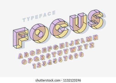 Linear halftone original 3d display font, alphabet, letters and numbers. Swatch color control