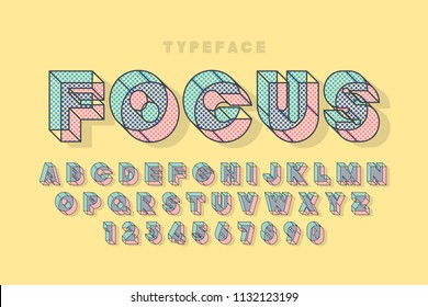 Linear halftone original 3d display font, alphabet, letters and numbers. Swatch color control