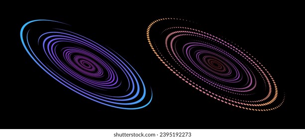 Linear and halftone speed spiral set. Colorful dynamic dots and lines in perspective. Radial swirl element for logo, print, poster, template, icon, banner. Round technology illustration. Vector