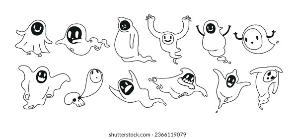 Equipo De Iconos Aislados Lineales De Halloween. Esbozar Caracteres Fantasma Volando, Personajes Cuidados Y Adorables De Los Cuentos