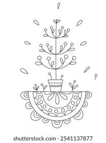 Linear hand art of a decorative potted plant on grandma's tablecloth. Cute coloring book