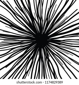 Lineare handgezeichnete, kurvige Lichtstrahlen, Sonnenstrahlen und Sonnenstrahlen, leichte Sonnenstrahlen auf weißem Hintergrund, Strahlungen aus der Mitte der Thin Beams, abstrakte Explosion, Star-Speed-Bewegungslinien, Blumen