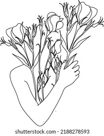 Dibujo de mano lineal de un cuerpo femenino con flores. Dibujo minimalista con un ramo de flores