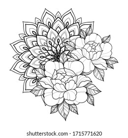 Linear hand drawing flowers with mandala for greeting card, invitation, Henna drawing and tattoo template. Vector illustration