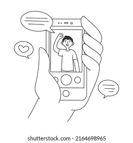 Linear hand drawing. Hand holding smartphone with mobile app flat vector illustration. Happy man waving from cellphone screen. Communication and digital technology concept