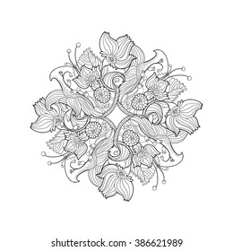 Linear hand drawing mandala art. Natural decorative elements abstract background. Ethnic mandala illustration for artistic therapy. Floral summer mandala art. Decor element. Henna female tattoo 