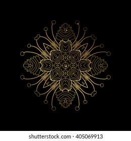 Linear hand drawing mandala art. Natural decorative elements abstract background. Ethnic illustration. Linear golden frame. 