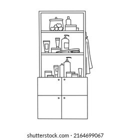 Linear Hand Drawing. Shelf With Women Cosmetics For The Bathroom. Flat Vector Illustration. Skincare