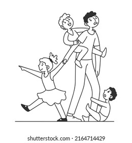 Linear hand drawing. Tired dad with many children flat vector illustration. Father and mother exhausted under life routine. Kids playing up. Big family and lifestyle