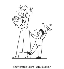 Linear hand drawing. Tired mother with many children flat vector illustration. Father and mother exhausted under life routine. Kids playing up. Big family and lifestyle