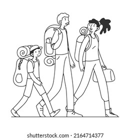 Linear hand drawing. Tourists travelling in group flat vector illustration. Young and elderly families walking from airport during trip and carrying suitcases
