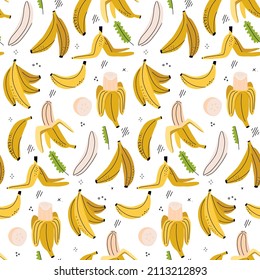 Linear hand drawn bananas seamless pattern. Tropical food vegetarian organic background with Exotic banana drawing. Yummy beach summer cover. Vitamin tasty different bananas. Vector illustration.