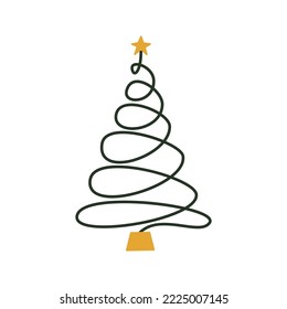 Linear hand drawn christmas tree illustration. Gold and green vector pine isolated on white background