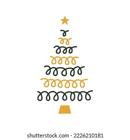 Linear hand drawn christmas tree illustration. Gold and green vector pine isolated on white background