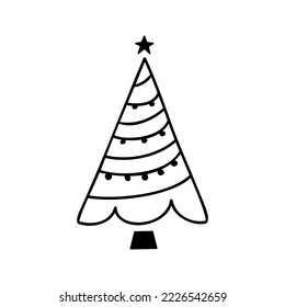 Linear hand drawn christmas tree vector illustration. Stylized conifer isolated on white background