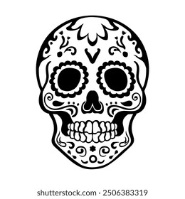 Linear hand drawn decorated Calavera with intricate designs symbolizing the Day of the Dead's celebration of life and remembrance. Dia de los Muertos sugar skull, calaca outline art as tattoo, logo