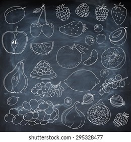 Linear hand drawn elements. Chalk board. Plum, cherry, raspberries, strawberry, pomegranate, gooseberry, lemon, apple, pear, apricot, grapes, currants, figs, mandarin, kiwi. Fruit and berries.