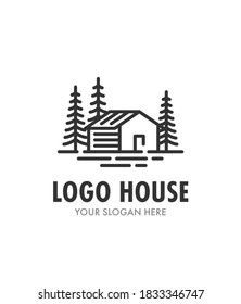 Linear hand drawn forest wooden house logo