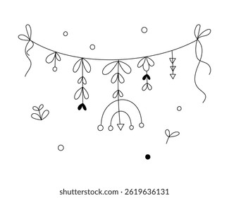 Linear hand drawn garland of triangle, leaves, flowers, geometric shapes on a string. For cards, coloring books