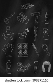 Linear hand drawn icons on chalk Board. Accessories belonging to the hairdresser to create men's and women's hairstyles. Vector