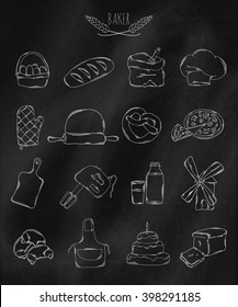Linear hand drawn icons on chalk Board. Accessories belonging to the Baker. Vector