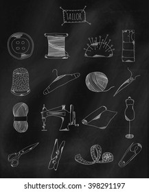 Linear hand drawn icons on chalk Board. Accessories belonging to a seamstress, tailor, fashion designer. Vector