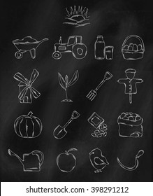 Linear hand drawn icons on chalk Board. Accessories owned by the farmer or agronomist . Vector