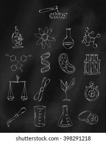 Linear hand drawn icons on chalk Board. Accessories belonging to the scientist, the expert or the chemical laboratory. Vector