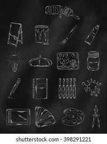 Linear hand drawn icons on chalk Board. Accessories owned by the artist, designer and Illustrator. Vector