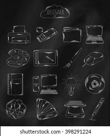 Linear hand drawn icons on chalk Board. Accessories owned by the programmer, the designer, Illustrator and coder. Vector