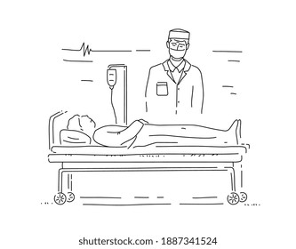 Linear hand drawn illustration with sad young man doctor and lying patient woman with dropper in hospital room