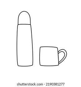 Linear hand drawn illustration. Thermos with cup isolated on white background
