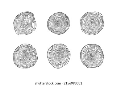 Linear hand drawn illustrations - annual rings. Stump Rings. Wooden logo examples. Natural material. Design elements. Perfect for interior designers, furniture, eco, factory