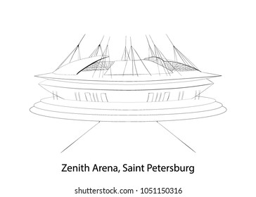 Linear hand drawn ink vector sketch of Zenith Arena, Saint Petersburg. Football championship 2018 home. Huge football arena, stadium.