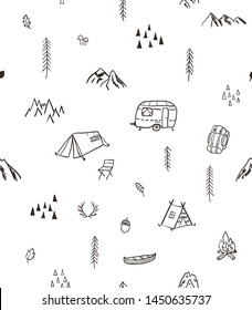 Linear hand drawn pattern with camping lifestyle elements: tent, backpack, fire, forest and mountains. Trendy texture  for printing on a fabric or wallpaper design