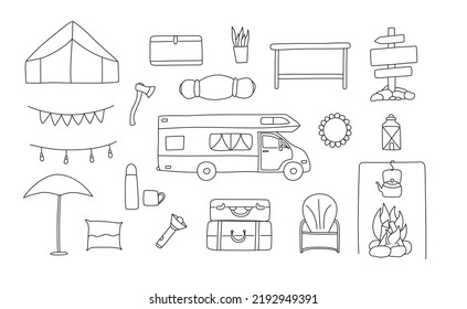 Lineare, handgezeichnete Illustrationen.  Camping in rv Elementen einzeln auf weißem Hintergrund. Farbseiten