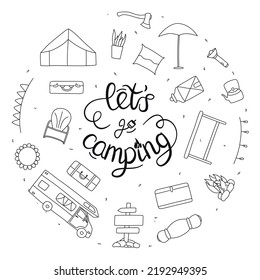 Linear hand drawn set of illustrations.  Camping in rv elements set isolated on white background. Coloring pages