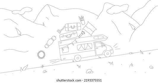 Linear hand drawn set of illustrations. Camping with caravan elements isolated on white background