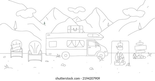 Linear hand drawn set of illustrations. Camping with caravan elements isolated on white background