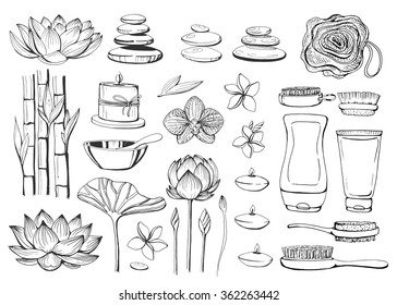 Linear hand drawn SPA and shower accessories for body. Stones, flowers, candle. Sketch. Health and care. Beauty.