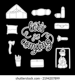 Linear hand drawn sticker set of illustrations. Camping with trailer elements isolated on white background