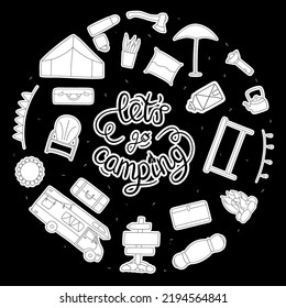 Linear hand drawn sticker set of illustrations. Camping with trailer elements isolated on white background